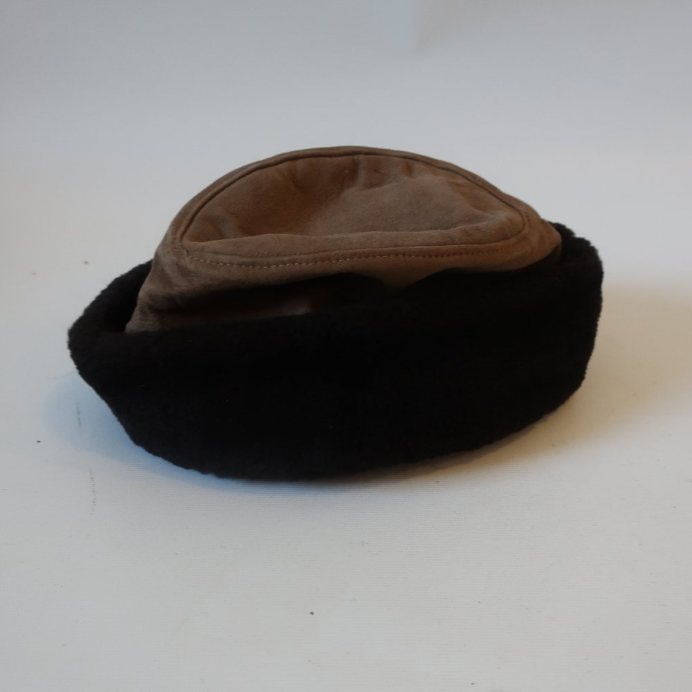 WOMENS NORTH KING BROWN BLACK LEATHER MOUTON LAMB HAT L *